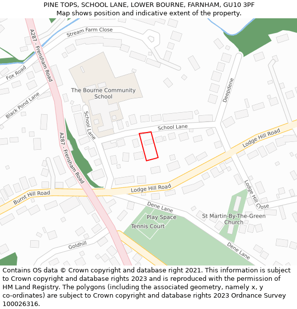PINE TOPS, SCHOOL LANE, LOWER BOURNE, FARNHAM, GU10 3PF: Location map and indicative extent of plot