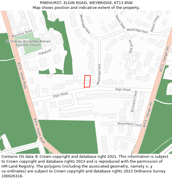PINEHURST, ELGIN ROAD, WEYBRIDGE, KT13 8SW: Location map and indicative extent of plot