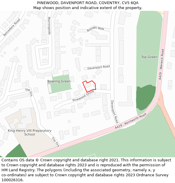 PINEWOOD, DAVENPORT ROAD, COVENTRY, CV5 6QA: Location map and indicative extent of plot