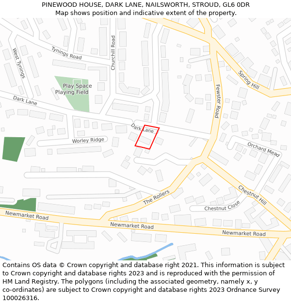 PINEWOOD HOUSE, DARK LANE, NAILSWORTH, STROUD, GL6 0DR: Location map and indicative extent of plot
