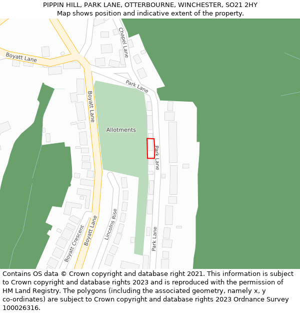 PIPPIN HILL, PARK LANE, OTTERBOURNE, WINCHESTER, SO21 2HY: Location map and indicative extent of plot