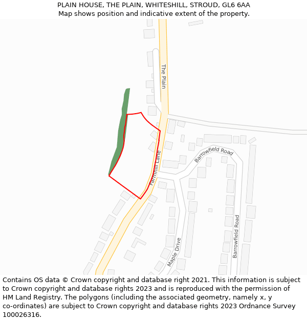 PLAIN HOUSE, THE PLAIN, WHITESHILL, STROUD, GL6 6AA: Location map and indicative extent of plot