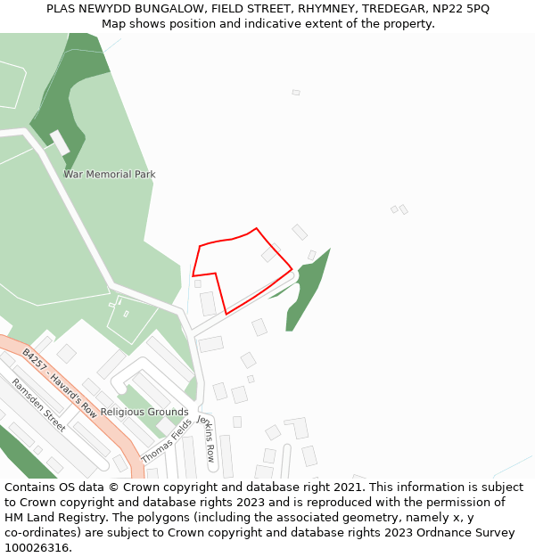 PLAS NEWYDD BUNGALOW, FIELD STREET, RHYMNEY, TREDEGAR, NP22 5PQ: Location map and indicative extent of plot