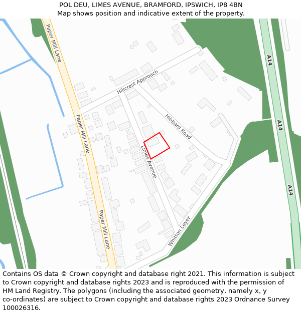 POL DEU, LIMES AVENUE, BRAMFORD, IPSWICH, IP8 4BN: Location map and indicative extent of plot