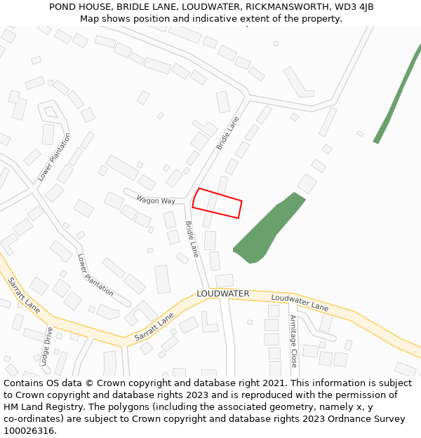 POND HOUSE, BRIDLE LANE, LOUDWATER, RICKMANSWORTH, WD3 4JB: Location map and indicative extent of plot