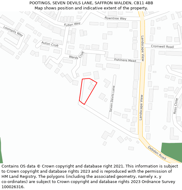 POOTINGS, SEVEN DEVILS LANE, SAFFRON WALDEN, CB11 4BB: Location map and indicative extent of plot