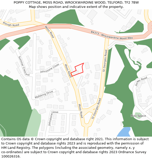 POPPY COTTAGE, MOSS ROAD, WROCKWARDINE WOOD, TELFORD, TF2 7BW: Location map and indicative extent of plot