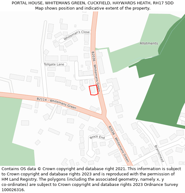 PORTAL HOUSE, WHITEMANS GREEN, CUCKFIELD, HAYWARDS HEATH, RH17 5DD: Location map and indicative extent of plot