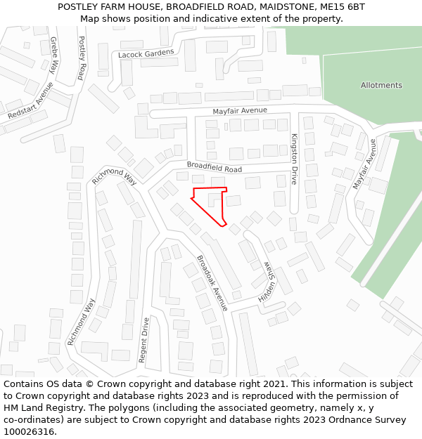 POSTLEY FARM HOUSE, BROADFIELD ROAD, MAIDSTONE, ME15 6BT: Location map and indicative extent of plot