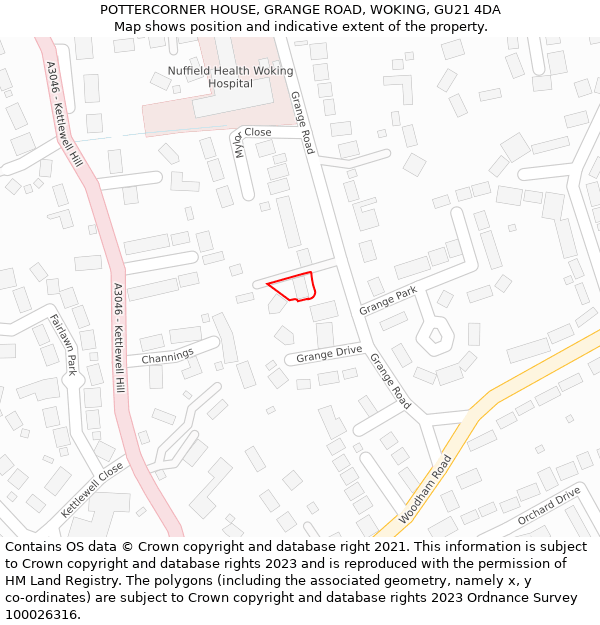 POTTERCORNER HOUSE, GRANGE ROAD, WOKING, GU21 4DA: Location map and indicative extent of plot