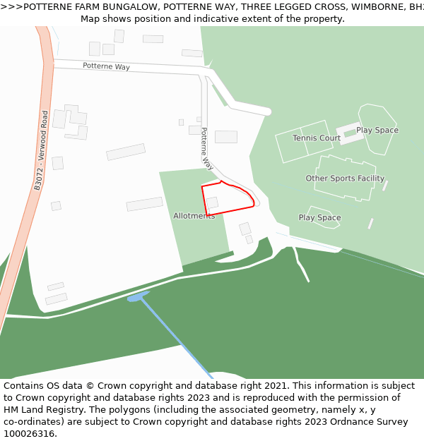 POTTERNE FARM BUNGALOW, POTTERNE WAY, THREE LEGGED CROSS, WIMBORNE, BH21 6RS: Location map and indicative extent of plot