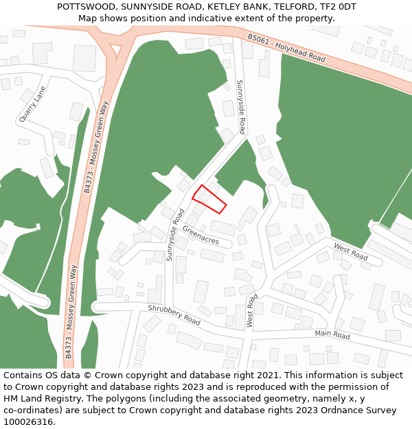POTTSWOOD, SUNNYSIDE ROAD, KETLEY BANK, TELFORD, TF2 0DT: Location map and indicative extent of plot