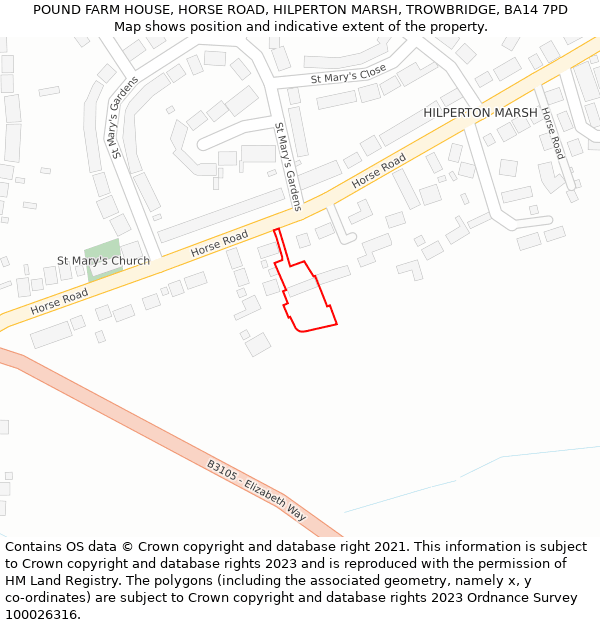 POUND FARM HOUSE, HORSE ROAD, HILPERTON MARSH, TROWBRIDGE, BA14 7PD: Location map and indicative extent of plot