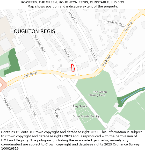 POZIERES, THE GREEN, HOUGHTON REGIS, DUNSTABLE, LU5 5DX: Location map and indicative extent of plot