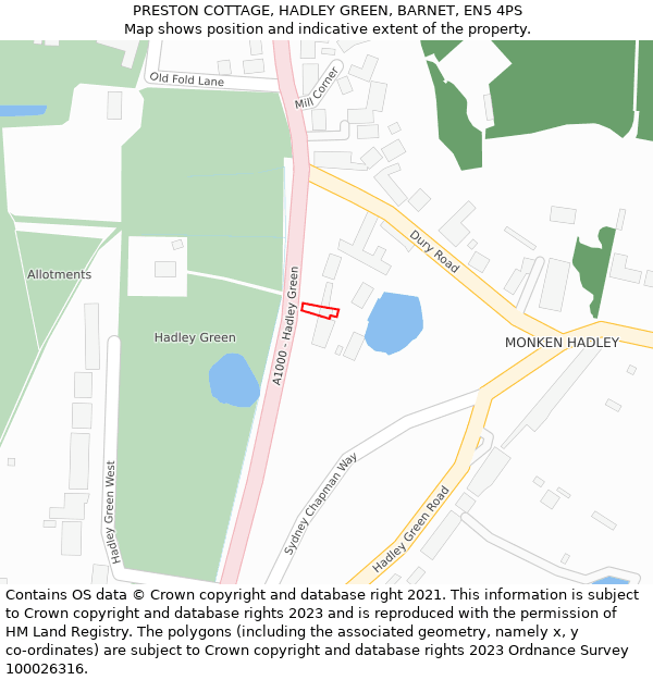 PRESTON COTTAGE, HADLEY GREEN, BARNET, EN5 4PS: Location map and indicative extent of plot