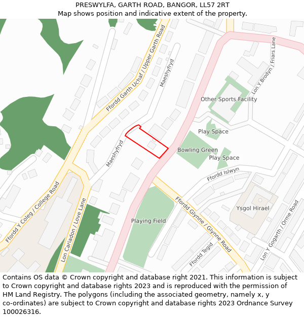 PRESWYLFA, GARTH ROAD, BANGOR, LL57 2RT: Location map and indicative extent of plot