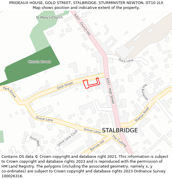 PRIDEAUX HOUSE, GOLD STREET, STALBRIDGE, STURMINSTER NEWTON, DT10 2LX: Location map and indicative extent of plot