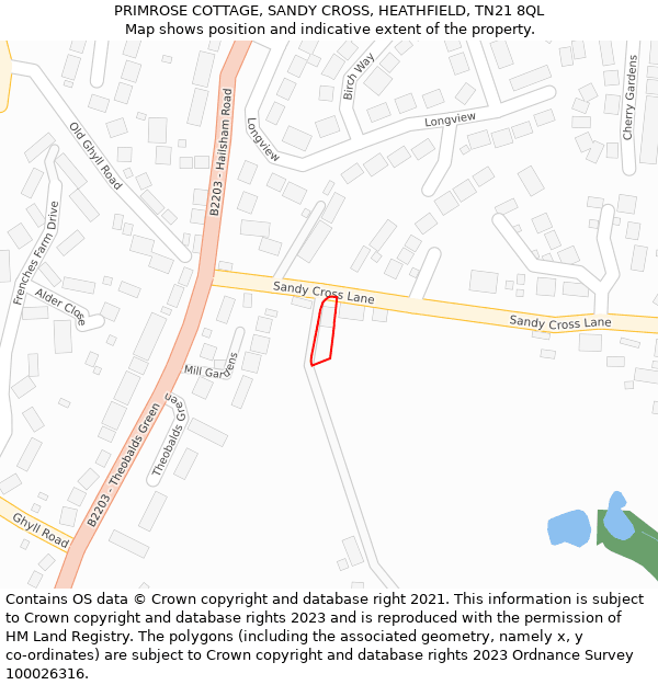 PRIMROSE COTTAGE, SANDY CROSS, HEATHFIELD, TN21 8QL: Location map and indicative extent of plot