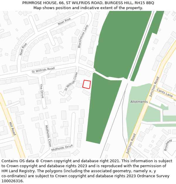 PRIMROSE HOUSE, 66, ST WILFRIDS ROAD, BURGESS HILL, RH15 8BQ: Location map and indicative extent of plot