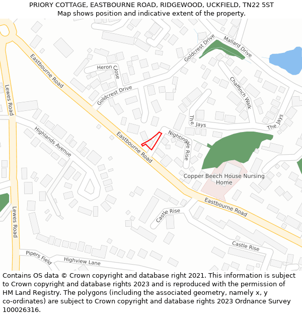 PRIORY COTTAGE, EASTBOURNE ROAD, RIDGEWOOD, UCKFIELD, TN22 5ST: Location map and indicative extent of plot