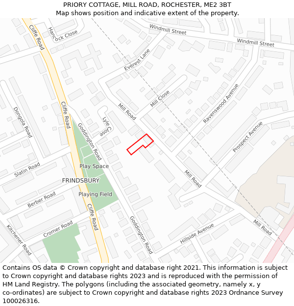 PRIORY COTTAGE, MILL ROAD, ROCHESTER, ME2 3BT: Location map and indicative extent of plot