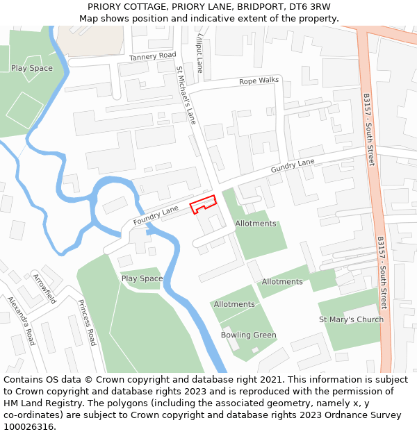 PRIORY COTTAGE, PRIORY LANE, BRIDPORT, DT6 3RW: Location map and indicative extent of plot