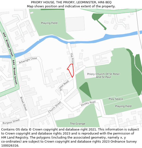 PRIORY HOUSE, THE PRIORY, LEOMINSTER, HR6 8EQ: Location map and indicative extent of plot