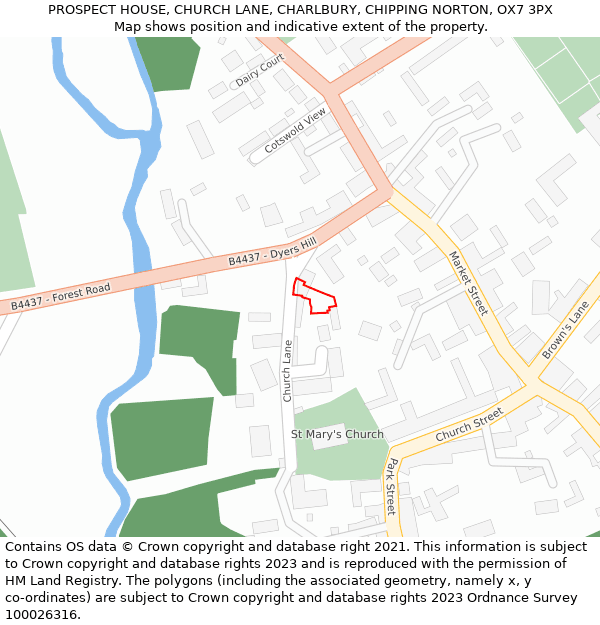 PROSPECT HOUSE, CHURCH LANE, CHARLBURY, CHIPPING NORTON, OX7 3PX: Location map and indicative extent of plot