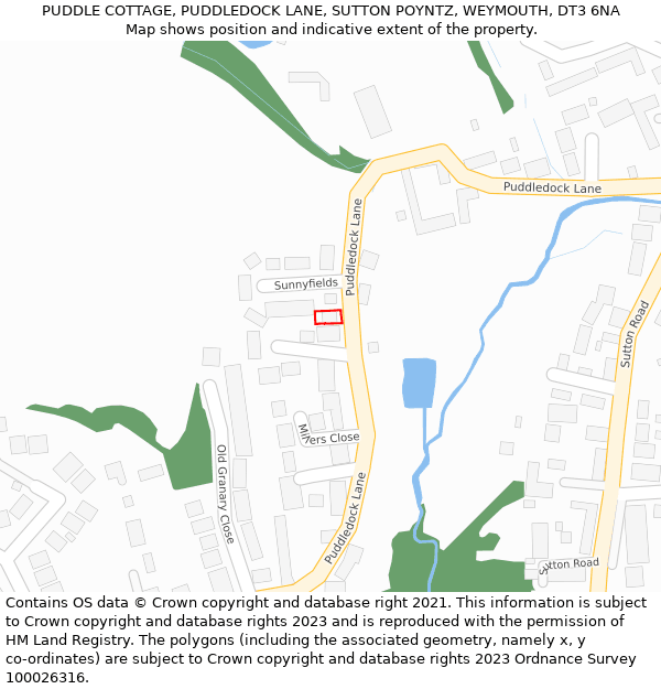PUDDLE COTTAGE, PUDDLEDOCK LANE, SUTTON POYNTZ, WEYMOUTH, DT3 6NA: Location map and indicative extent of plot