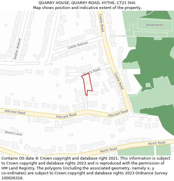 QUARRY HOUSE, QUARRY ROAD, HYTHE, CT21 5HA: Location map and indicative extent of plot