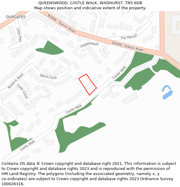 QUEENSWOOD, CASTLE WALK, WADHURST, TN5 6DB: Location map and indicative extent of plot