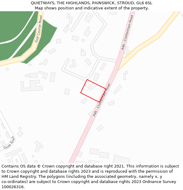 QUIETWAYS, THE HIGHLANDS, PAINSWICK, STROUD, GL6 6SL: Location map and indicative extent of plot