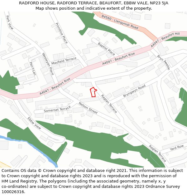 RADFORD HOUSE, RADFORD TERRACE, BEAUFORT, EBBW VALE, NP23 5JA: Location map and indicative extent of plot