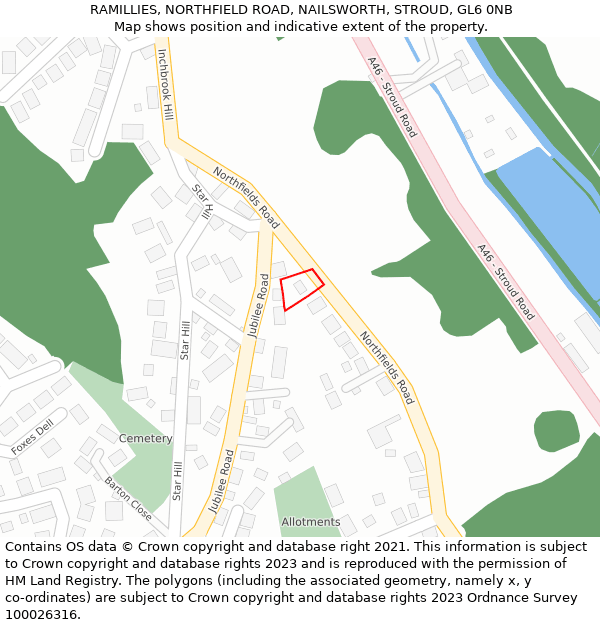 RAMILLIES, NORTHFIELD ROAD, NAILSWORTH, STROUD, GL6 0NB: Location map and indicative extent of plot