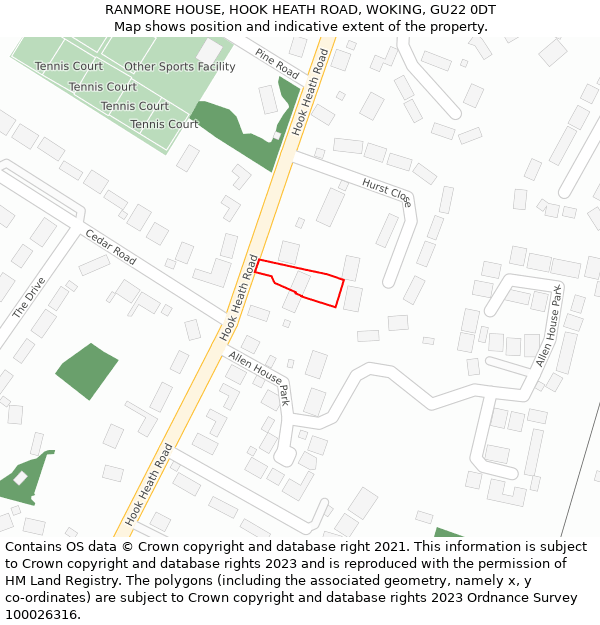 RANMORE HOUSE, HOOK HEATH ROAD, WOKING, GU22 0DT: Location map and indicative extent of plot