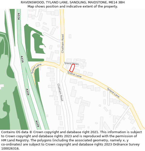 RAVENSWOOD, TYLAND LANE, SANDLING, MAIDSTONE, ME14 3BH: Location map and indicative extent of plot