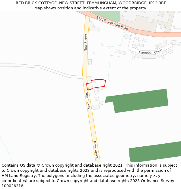 RED BRICK COTTAGE, NEW STREET, FRAMLINGHAM, WOODBRIDGE, IP13 9RF: Location map and indicative extent of plot