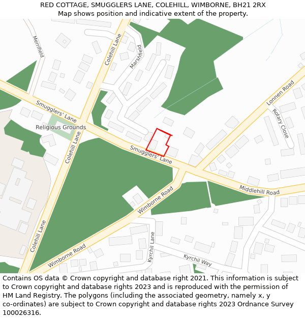 RED COTTAGE, SMUGGLERS LANE, COLEHILL, WIMBORNE, BH21 2RX: Location map and indicative extent of plot