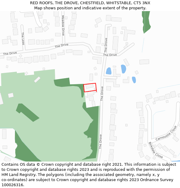 RED ROOFS, THE DROVE, CHESTFIELD, WHITSTABLE, CT5 3NX: Location map and indicative extent of plot