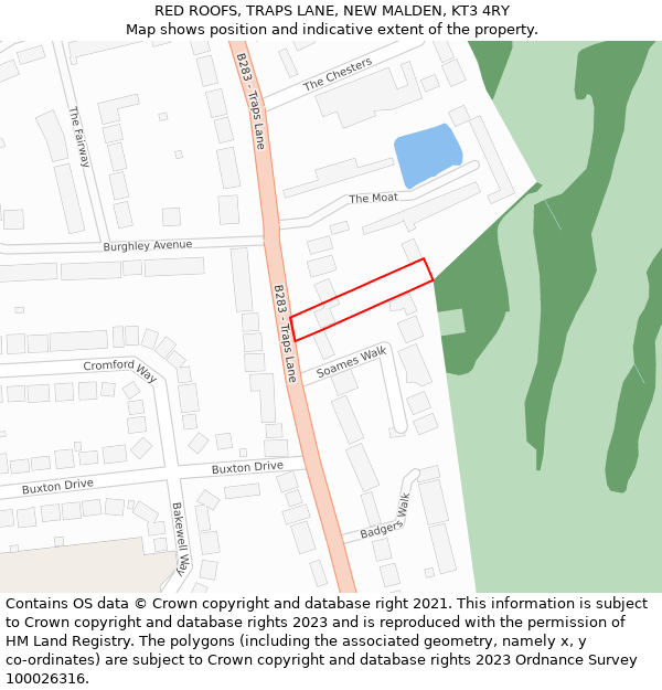 RED ROOFS, TRAPS LANE, NEW MALDEN, KT3 4RY: Location map and indicative extent of plot
