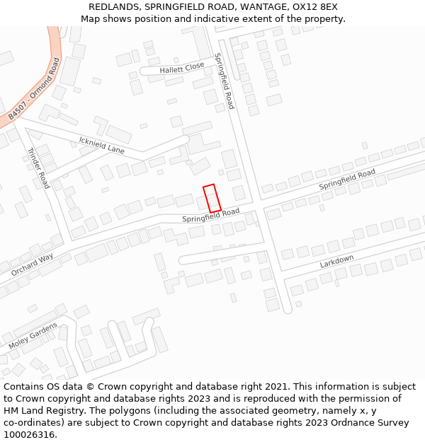 REDLANDS, SPRINGFIELD ROAD, WANTAGE, OX12 8EX: Location map and indicative extent of plot