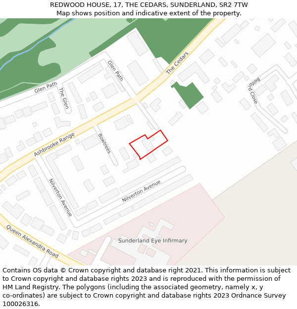 REDWOOD HOUSE, 17, THE CEDARS, SUNDERLAND, SR2 7TW: Location map and indicative extent of plot