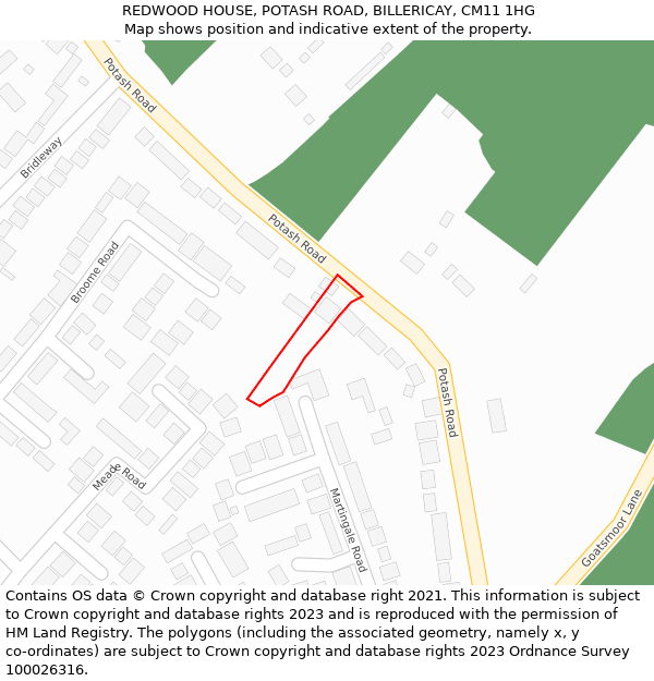 REDWOOD HOUSE, POTASH ROAD, BILLERICAY, CM11 1HG: Location map and indicative extent of plot