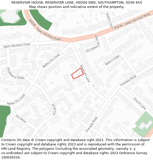 RESERVOIR HOUSE, RESERVOIR LANE, HEDGE END, SOUTHAMPTON, SO30 4AX: Location map and indicative extent of plot