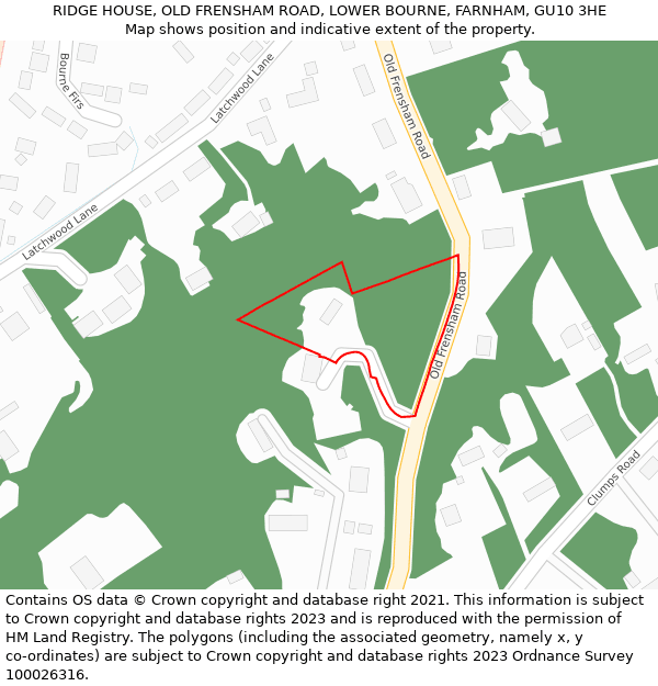 RIDGE HOUSE, OLD FRENSHAM ROAD, LOWER BOURNE, FARNHAM, GU10 3HE: Location map and indicative extent of plot