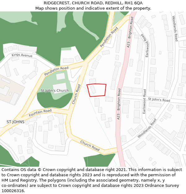 RIDGECREST, CHURCH ROAD, REDHILL, RH1 6QA: Location map and indicative extent of plot
