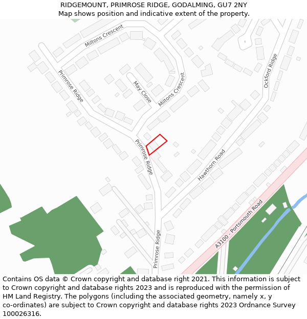 RIDGEMOUNT, PRIMROSE RIDGE, GODALMING, GU7 2NY: Location map and indicative extent of plot