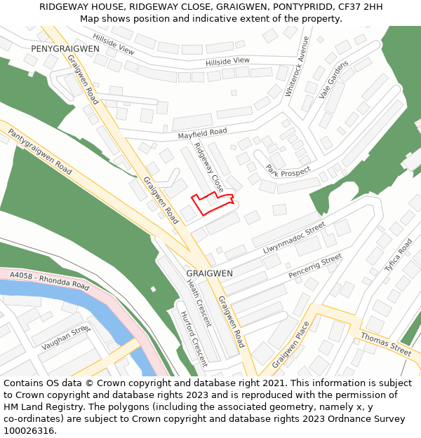 RIDGEWAY HOUSE, RIDGEWAY CLOSE, GRAIGWEN, PONTYPRIDD, CF37 2HH: Location map and indicative extent of plot