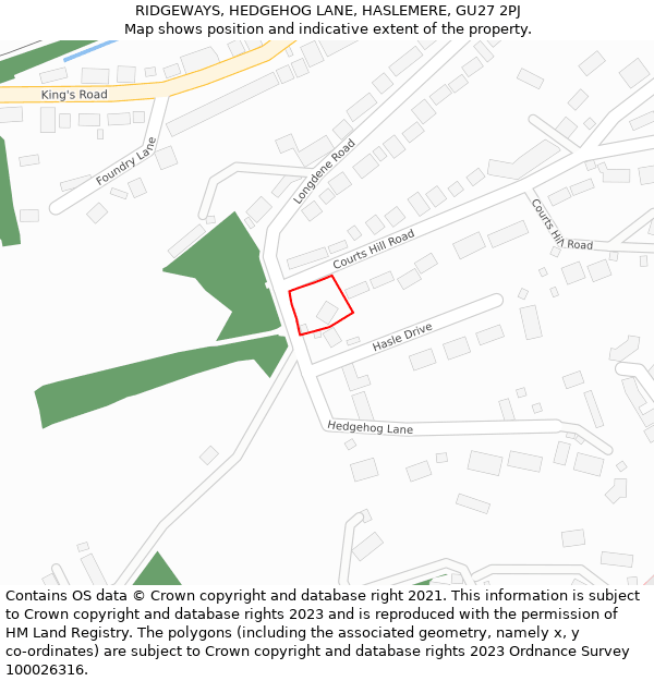 RIDGEWAYS, HEDGEHOG LANE, HASLEMERE, GU27 2PJ: Location map and indicative extent of plot