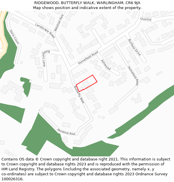 RIDGEWOOD, BUTTERFLY WALK, WARLINGHAM, CR6 9JA: Location map and indicative extent of plot